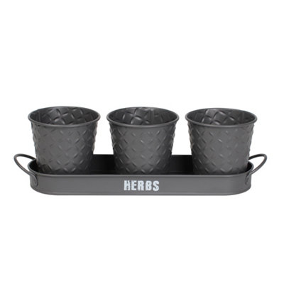 simpa 3PC Grey Herb Pot Planters with Embossed Decorative Finish & Tray