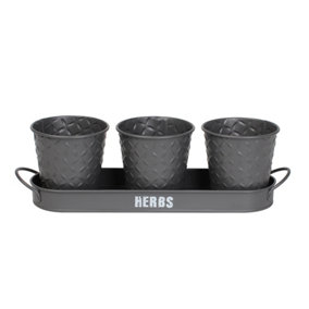 simpa 3PC Grey Herb Pot Planters with Embossed Decorative Finish & Tray