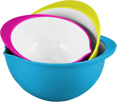 simpa 3PC Plastic Mixing Bowls Set with Pouring Spout: Blue, Yellow & Pink.