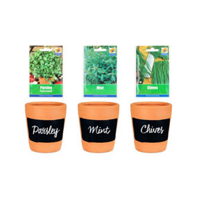 simpa 3PC Terracotta Chalkboard Herb Planters with Parsley, Mint and Chive Seeds.