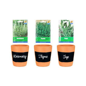 simpa 3PC Terracotta Chalkboard Herb Planters with Rosemary, Thyme and Sage Seeds.
