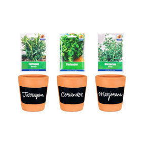 simpa 3PC Terracotta Chalkboard Herb Planters with Tarragon, Coriander and Marjoram Seeds.