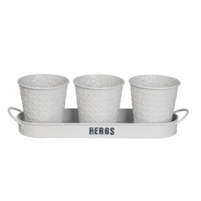 simpa 3PC White Herb Pot Planters with Embossed Decorative Finish & Tray