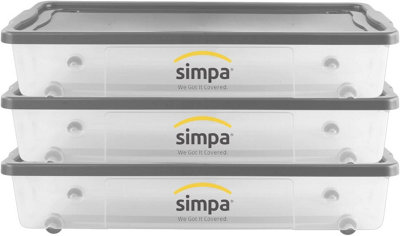 simpa 47L Wheeled Plastic Storage Boxes Silver Lids - Set of 3