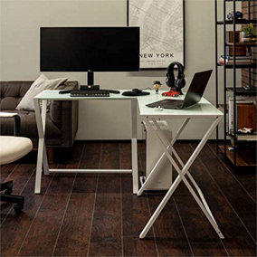 simpa 51" White Modern X-Frame Corner Computer Desk with Tempered Glass Top