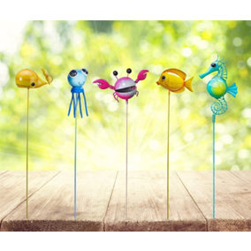 simpa 5PC Assorted Colour Ornamental Garden Stake Set: Fish, Crab, Seahorse, Squid and Whale Designs
