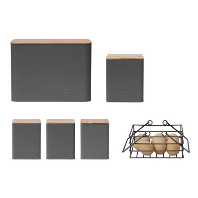simpa 5PC Slate Grey Rectangular Kitchen Storage Set with Embossed Lettering DIY at B&Q