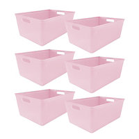 simpa 6PC 11L Pastel Pink Plastic Storage Basket Studio Organiser Trays with Handles