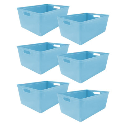 simpa 6PC 4L Pastel Blue Plastic Storage Basket Studio Organiser Trays with Handles