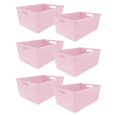simpa 6PC 4L Pastel Pink Plastic Storage Basket Studio Organiser Trays with Handles