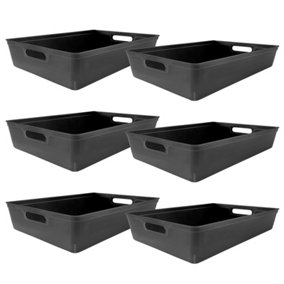 simpa 6PC 6L Black Plastic Storage Basket Studio Organiser Trays with Handles