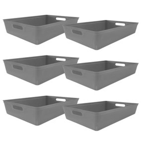 simpa 6PC 6L Grey Plastic Storage Basket Studio Organiser Trays with Handles