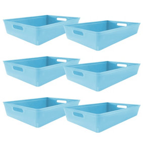 simpa 6PC 6L Pastel Blue Plastic Storage Basket Studio Organiser Trays with Handles