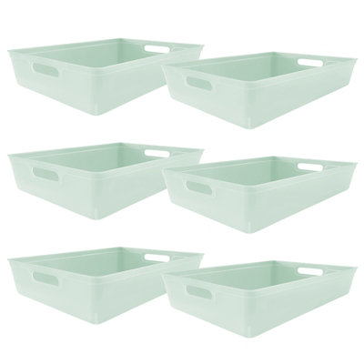 simpa 6PC 6L Sage Green Plastic Storage Basket Studio Organiser Trays with Handles