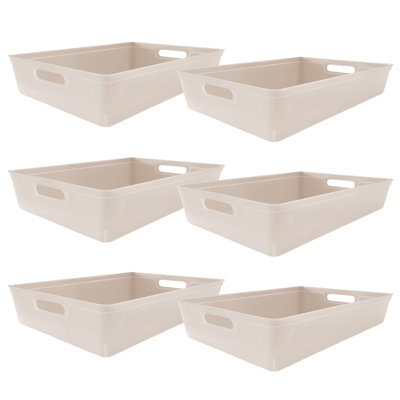 simpa 6PC 6L Taupe Plastic Storage Basket Studio Organiser Trays with Handles