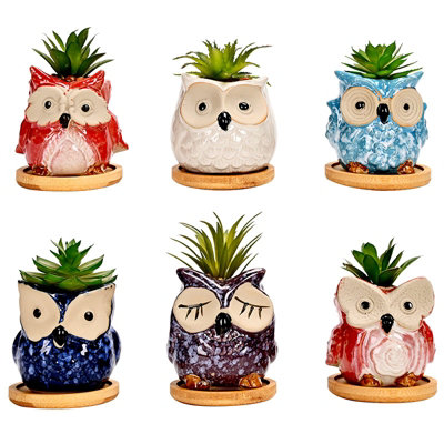 simpa 6PC Cartoon Owl Ceramic Plant Pots with Bamboo Base