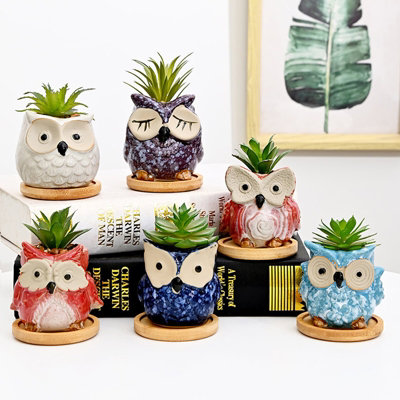simpa 6PC Cartoon Owl Ceramic Plant Pots with Bamboo Base