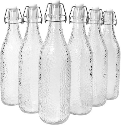 simpa 6PC Clear 1L Bottles Embossed Dots & White Swing Top Lids