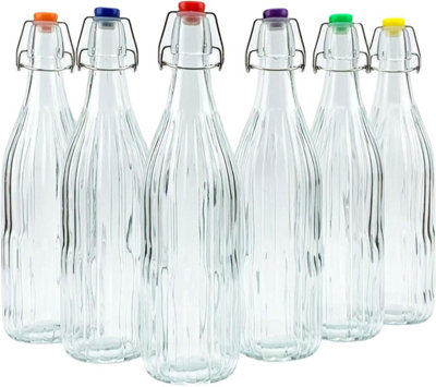 simpa 6PC Clear 1L Bottles Embossed Vertical Stripes & Assorted Colour Swing Top Lids