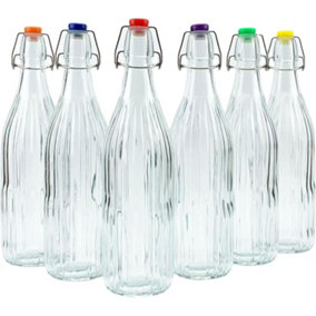 simpa 6PC Clear 1L Bottles Embossed Vertical Stripes & Assorted Colour Swing Top Lids
