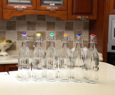 simpa 6PC Clear 1L Bottles Embossed Vertical Stripes & Assorted Colour Swing Top Lids