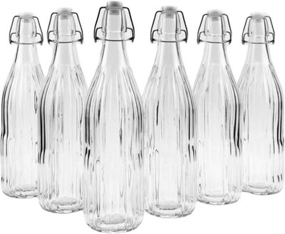 simpa 6PC Clear 1L Bottles Embossed Vertical Stripes & White Swing Top Lids