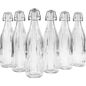 simpa 6PC Clear 1L Bottles Embossed Vertical Stripes & White Swing Top Lids