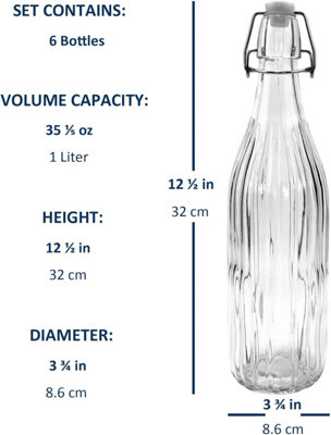 simpa 6PC Clear 1L Bottles Embossed Vertical Stripes & White Swing Top Lids
