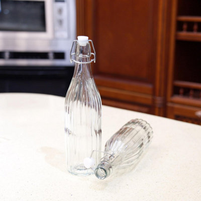 simpa 6PC Clear 1L Bottles Embossed Vertical Stripes & White Swing Top Lids - 6