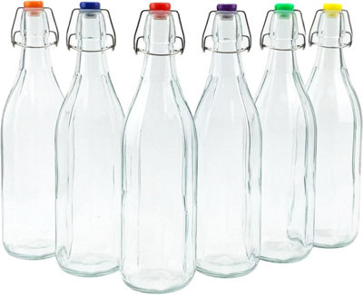 simpa 6PC Clear 1L Octagonal Bottles & Assorted Colour Swing Top Lids