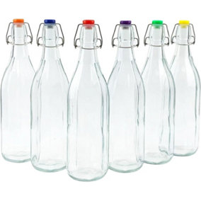 simpa 6PC Clear 1L Octagonal Bottles & Assorted Colour Swing Top Lids