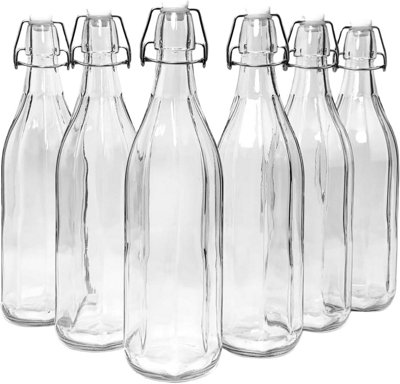 simpa 6PC Clear 1L Octagonal Bottles & White Swing Top Lids