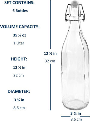 simpa 6PC Clear 1L Octagonal Bottles & White Swing Top Lids