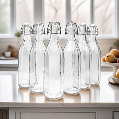 simpa 6PC Clear 1L Octagonal Bottles & White Swing Top Lids