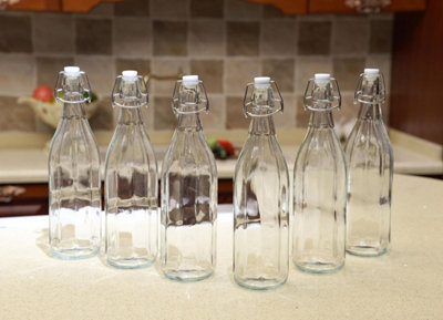 simpa 6PC Clear 1L Octagonal Bottles & White Swing Top Lids - 5