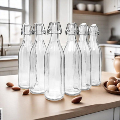 simpa 6PC Clear 1L Octagonal Bottles & White Swing Top Lids - 6
