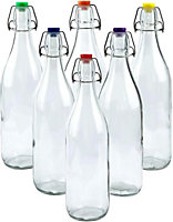 simpa 6PC Clear 1L Round Bottles & Assorted Colour Swing Top Lids