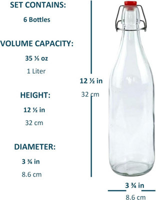 simpa 6PC Clear 1L Round Bottles & Assorted Colour Swing Top Lids