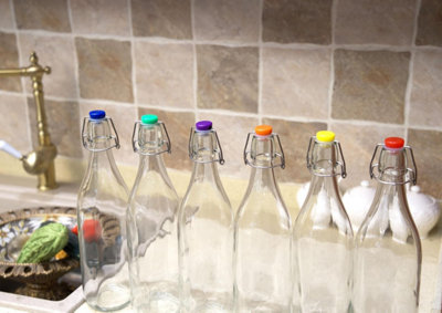 simpa 6PC Clear 1L Round Bottles & Assorted Colour Swing Top Lids - 5