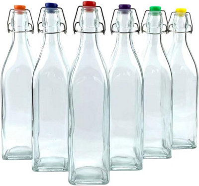 simpa 6PC Clear 1L Square Bottles & Assorted Colour Swing Top Lids