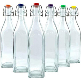 simpa 6PC Clear 1L Square Bottles & Assorted Colour Swing Top Lids