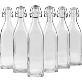 simpa 6PC Clear 1L Square Bottles & White Swing Top Lids