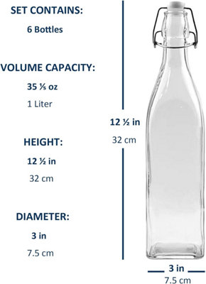 simpa 6PC Clear 1L Square Bottles & White Swing Top Lids