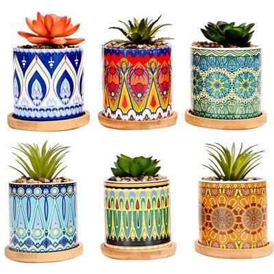 simpa 6PC Datura Pattern Ceramic Plant Pots with Bamboo Base