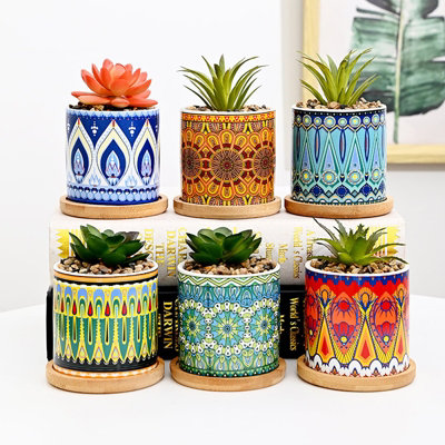 simpa 6PC Datura Pattern Ceramic Plant Pots with Bamboo Base - 3