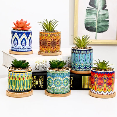 simpa 6PC Datura Pattern Ceramic Plant Pots with Bamboo Base - 4