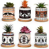 simpa 6PC Egyptian Mixed Pattern Ceramic Plant Pots with Bamboo Base