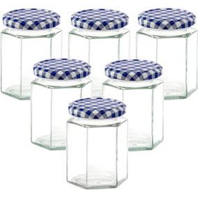simpa 6PC Glass Preserve Jars with Airtight Blue Gingham Screw Top Lids - 280ml