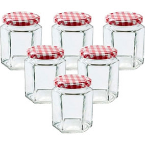 simpa 6PC Glass Preserve Jars with Airtight RED Gingham Screw Top Lids - 280ml
