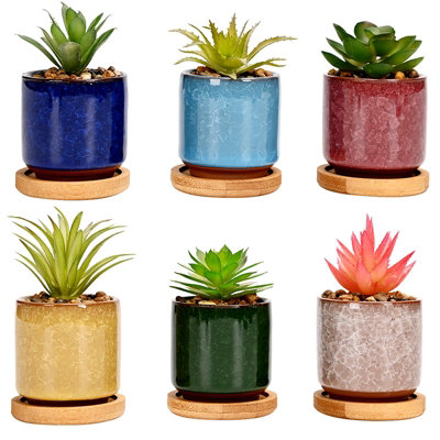 simpa 6PC Ice Crack Ceramic Plant Pots with Bamboo Base